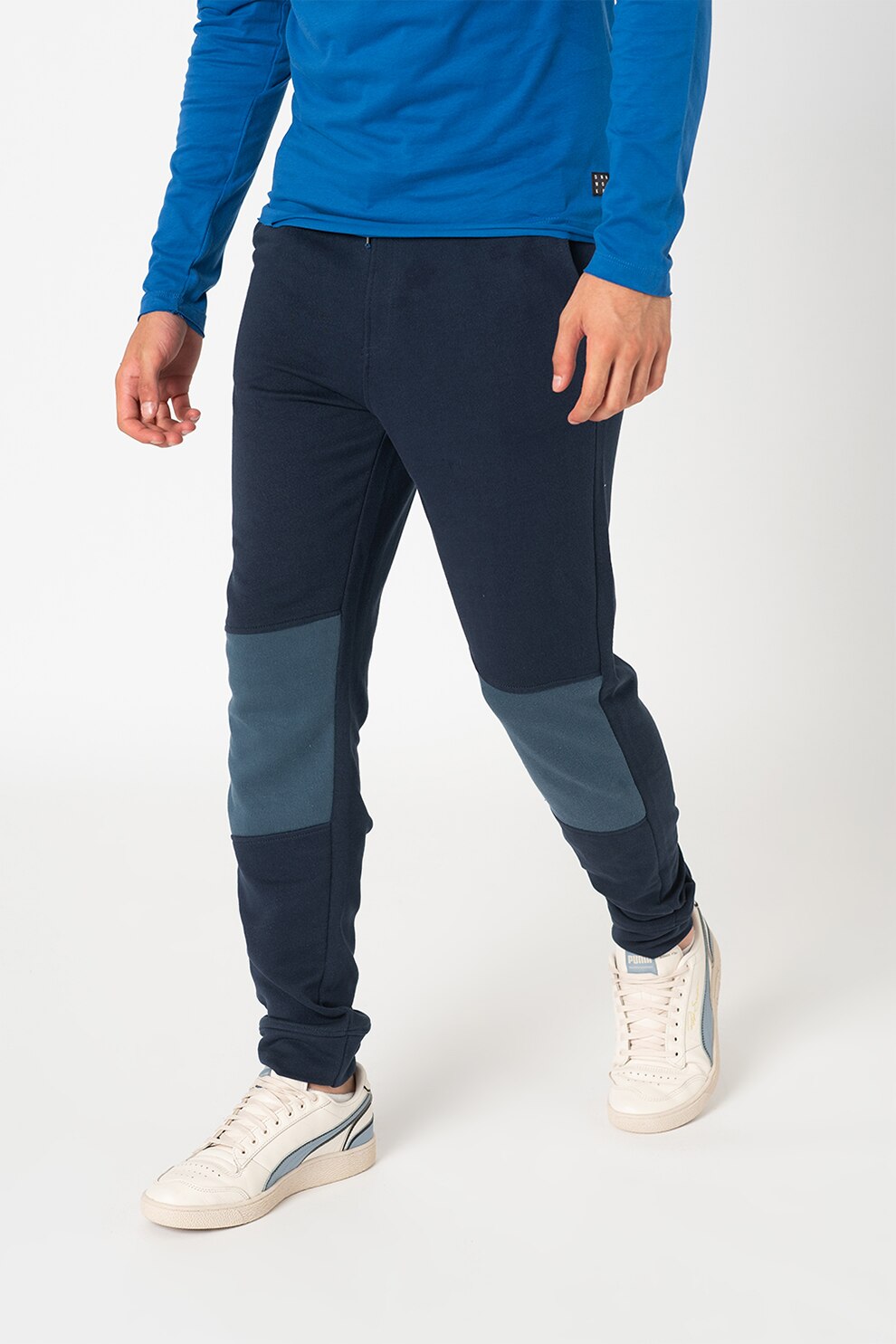 BLEND, Pantaloni sport de bumbac cu segmente contrastante, Bleumarin