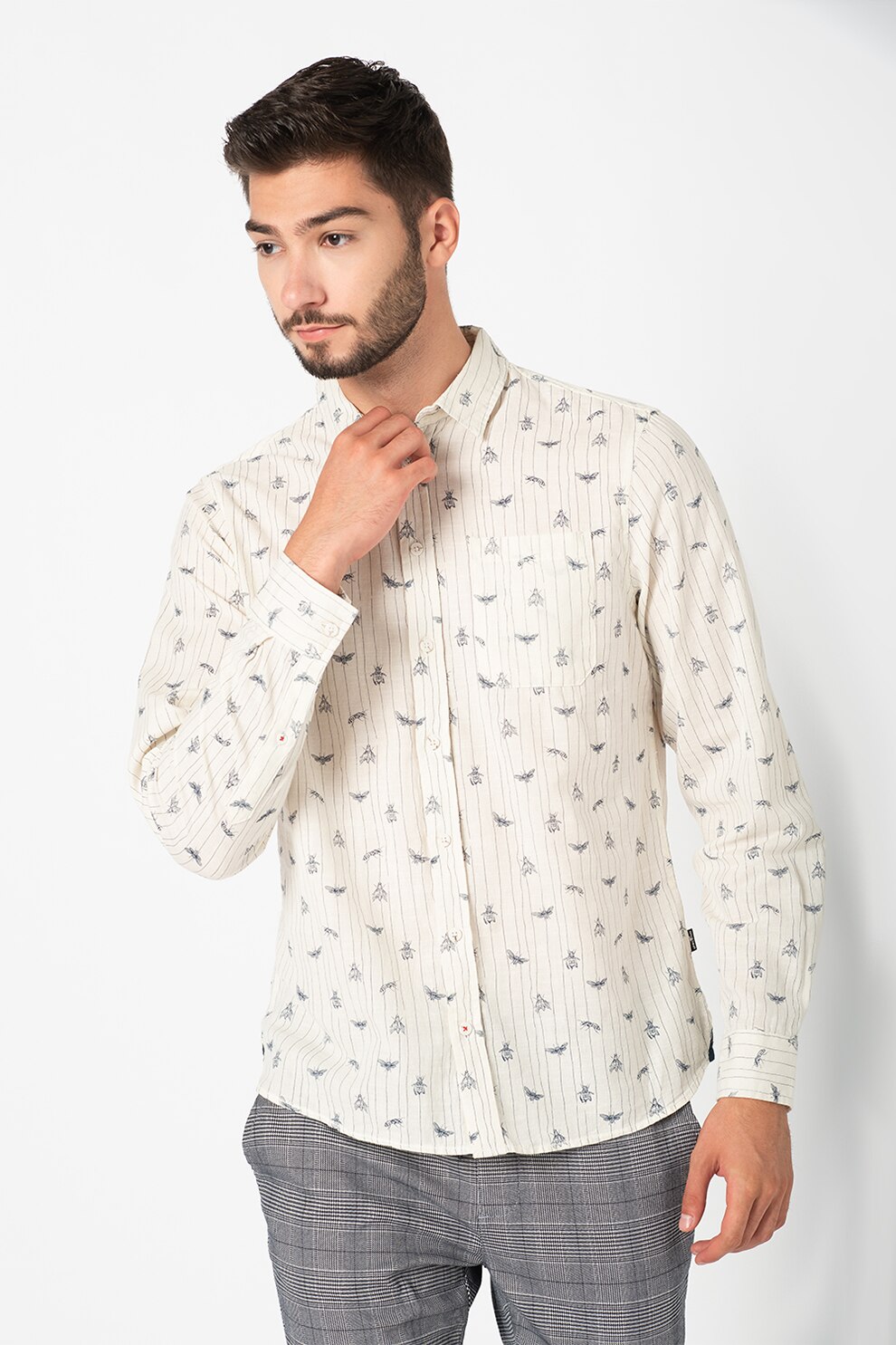 BLEND, Camasa cu model din bumbac si in, Alb/Bleumarin