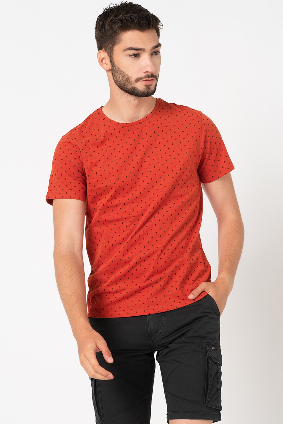 BLEND, Tricou de bumbac organic, Rosu caramiziu/Bleumarin