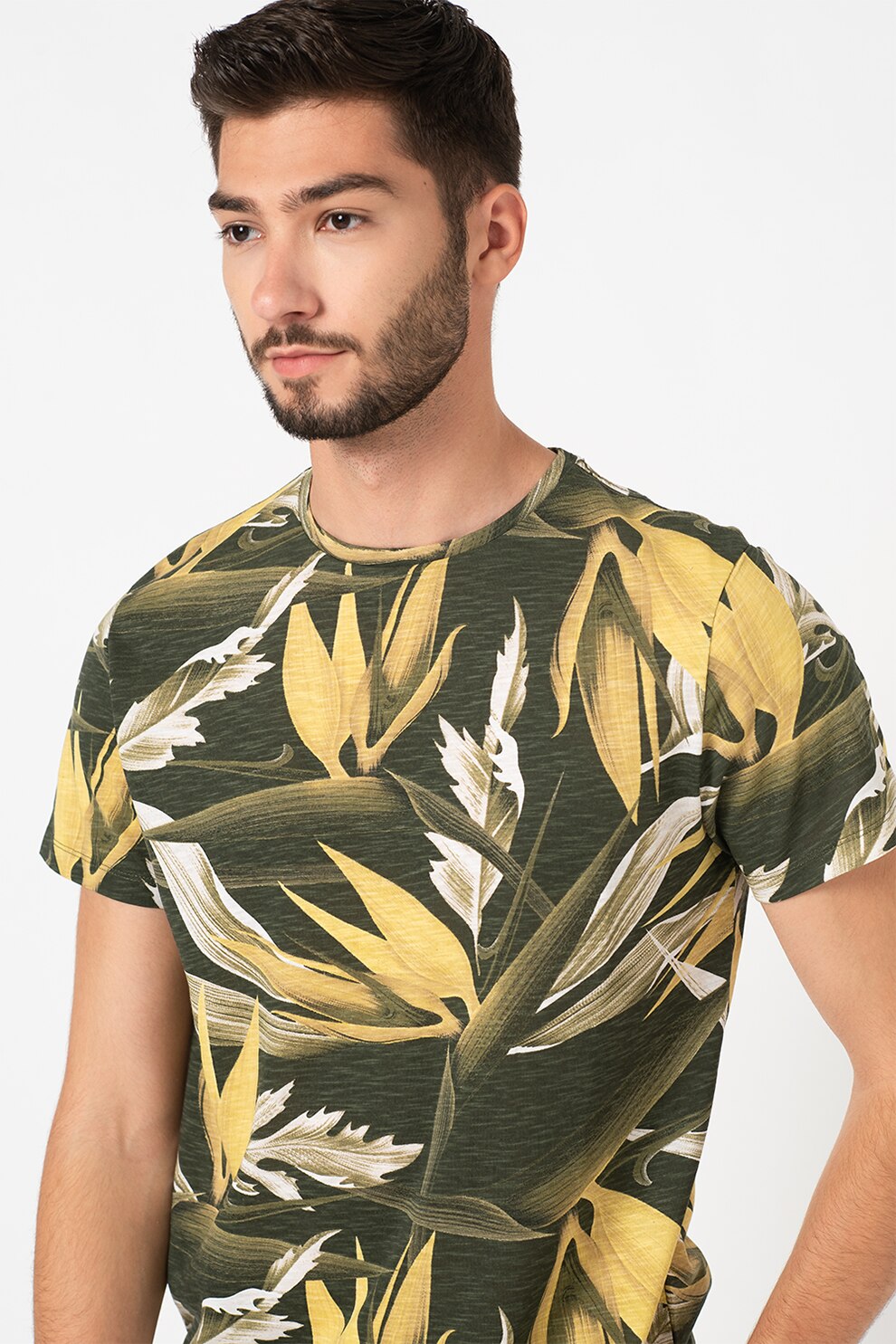 BLEND, Tricou de bumbac cu imprimeu tropical, Verde/Galben