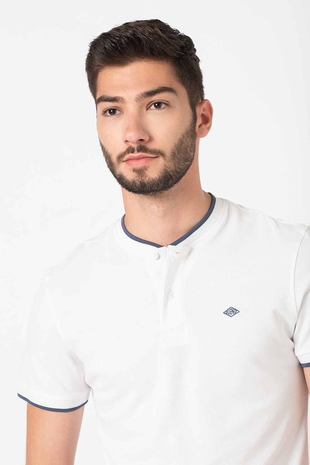 BLEND, Tricou din amestec de bumbac cu decolteu henley la baza gatului, Albastru prafuit