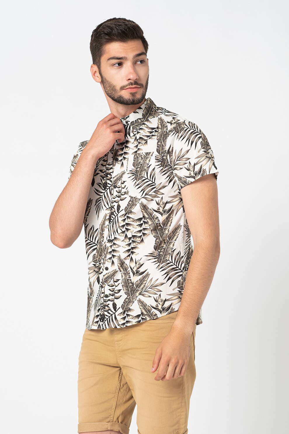 BLEND, Camasa de bumbac cu imprimeu tropical, Alb/Kaki/Galben pal
