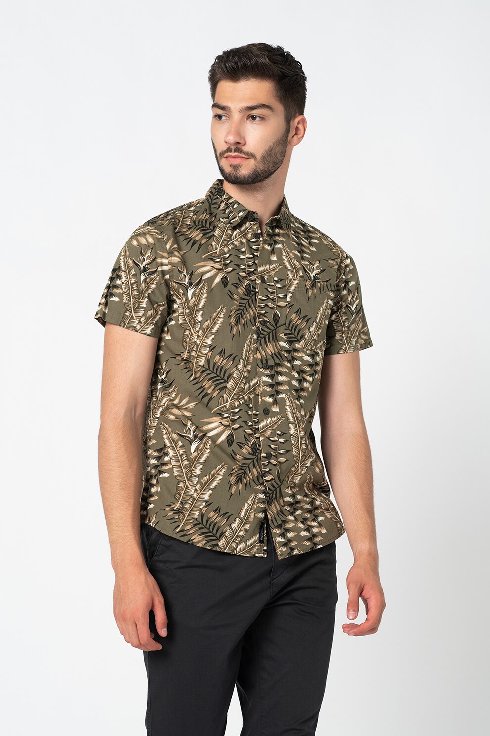 BLEND, Camasa de bumbac cu imprimeu tropical, Verde/Maro/Negru