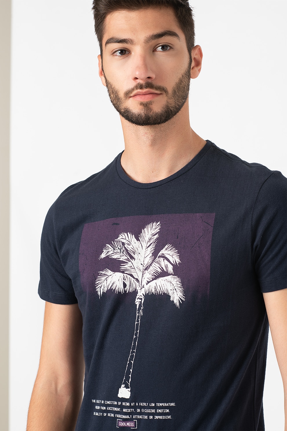 BLEND, Tricou cu decolteu la baza gatului si imprimeu grafic, Bleumarin inchis/Purpuriu/Alb