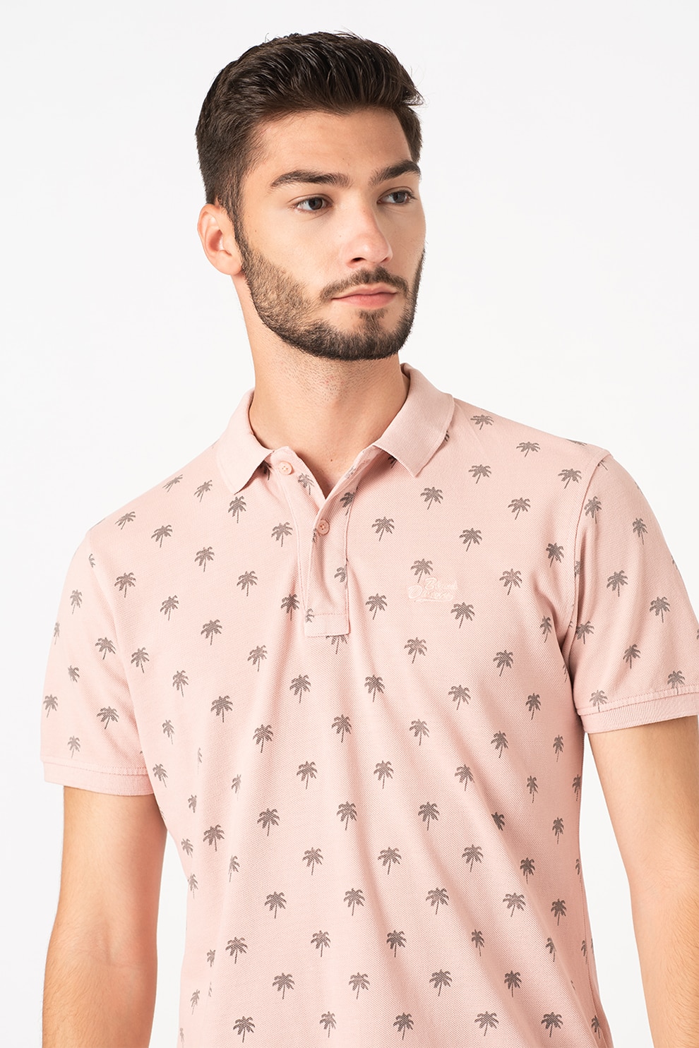 BLEND, Tricou polo din bumbac cu imprimeu grafic, Roz pal/Gri