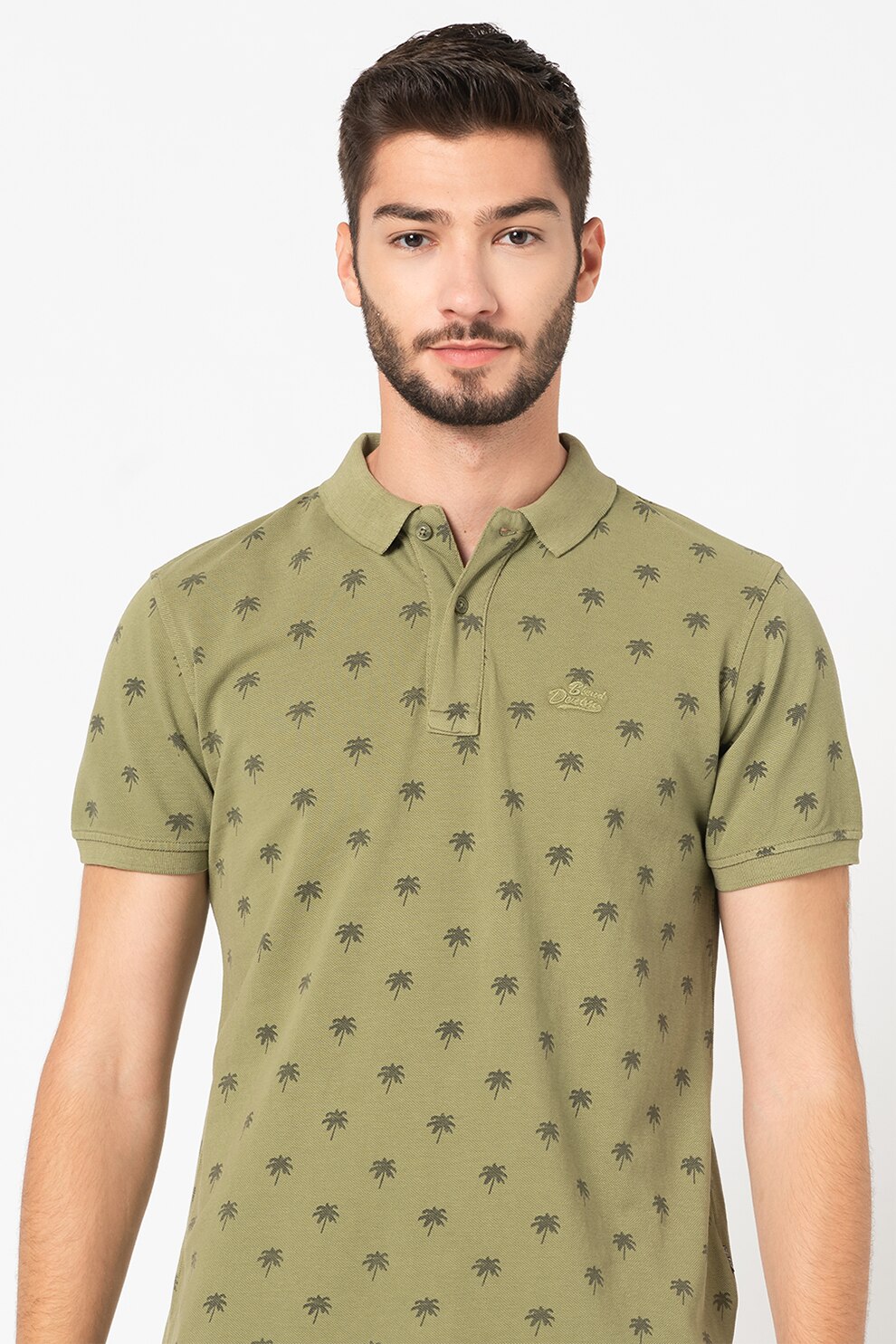 BLEND, Tricou polo din bumbac cu imprimeu grafic, Verde militar