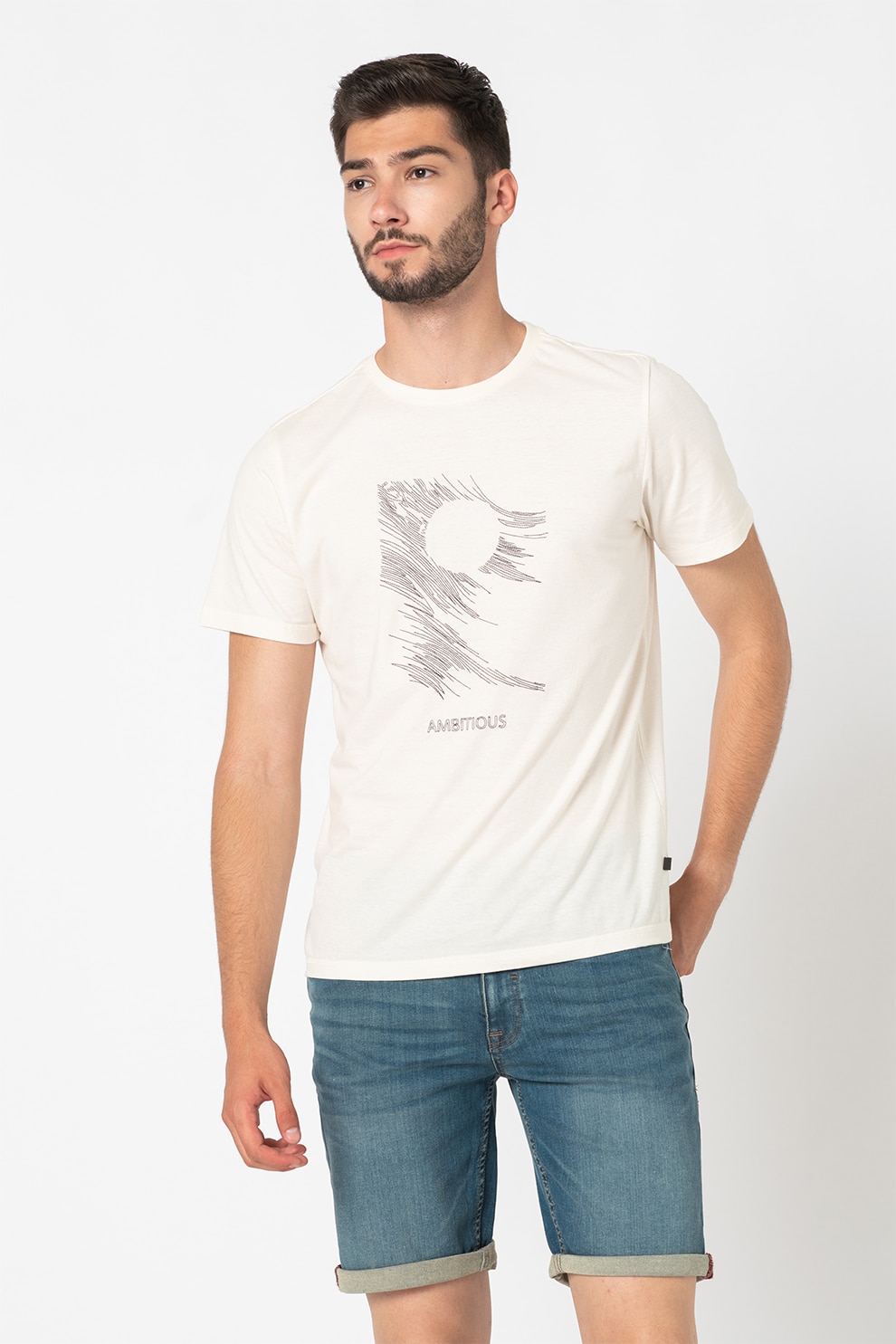 BLEND, Tricou de bumbac cu decolteu la baza gatului si imprimeu, Bleumarin