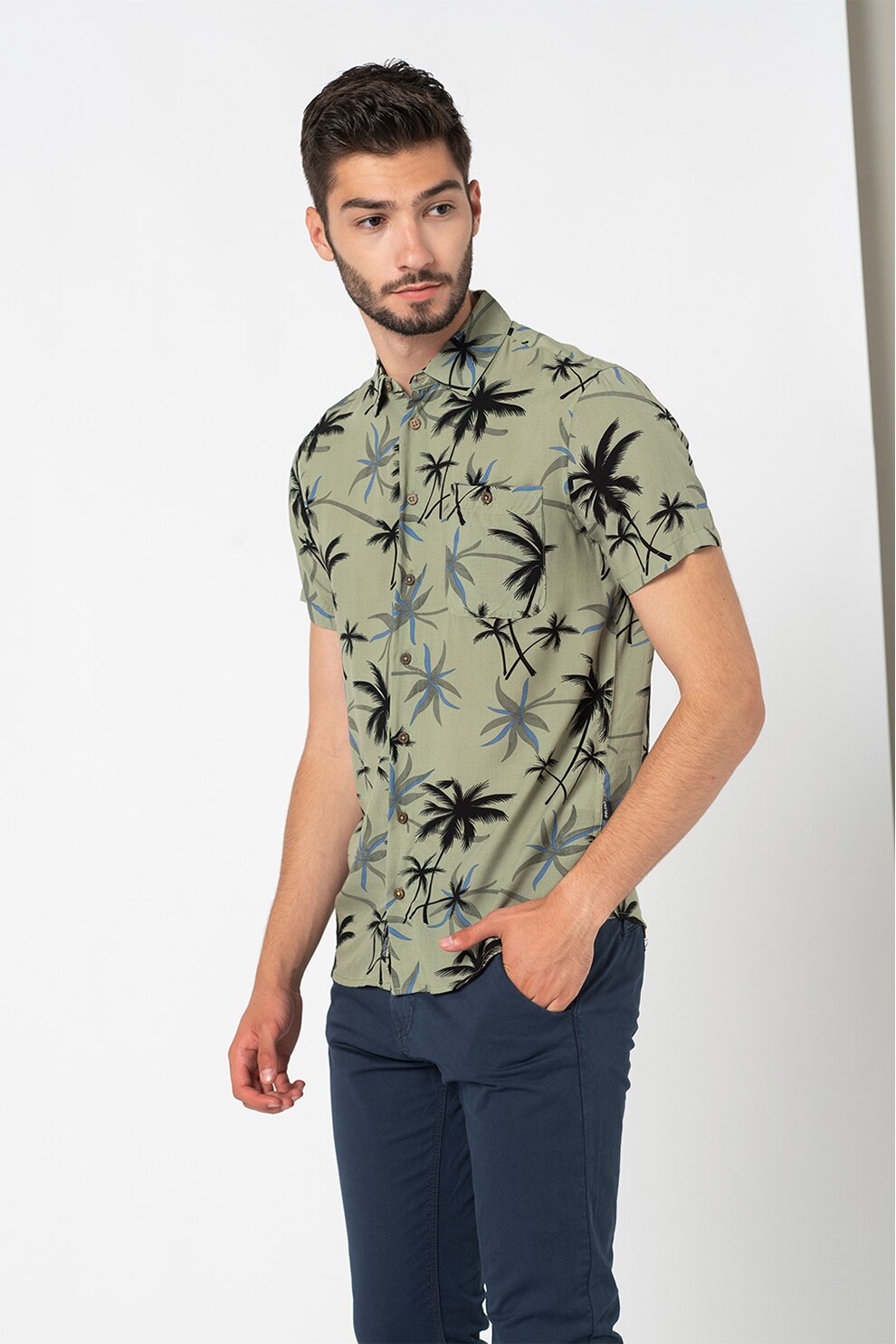 BLEND, Camasa cu imprimeu si buzunar pe piept, Verde/Negru/Albastru