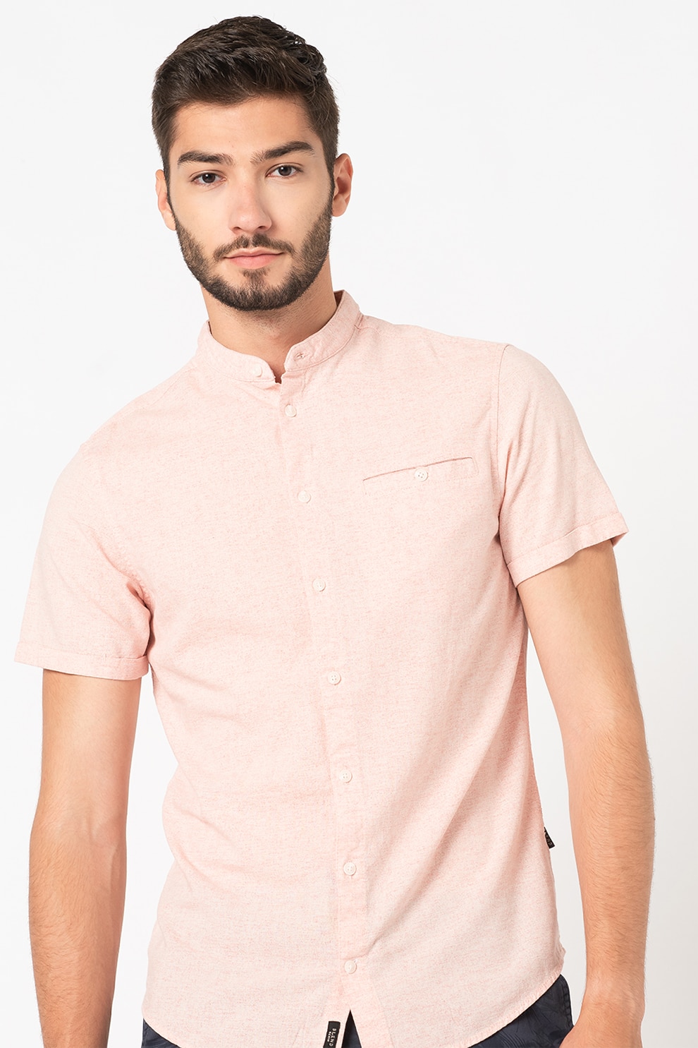 BLEND, Camasa cu maneci scurte si guler Mao, Roz melange