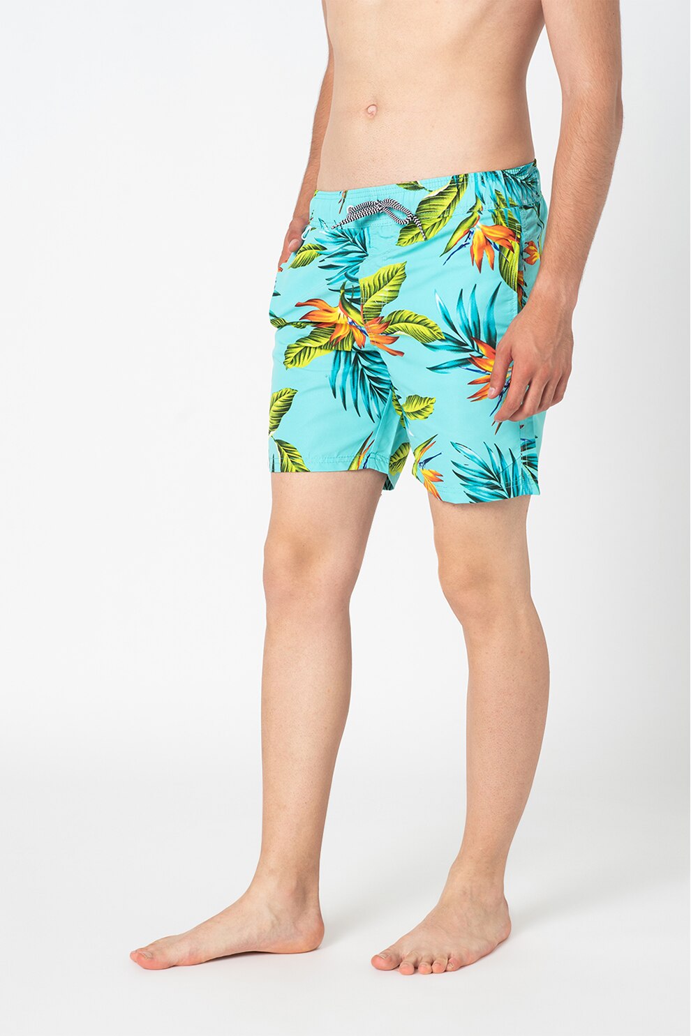 BLEND, Bermude de baie cu imprimeu tropical, Albastru aquamarin/Verde/Oranj, S