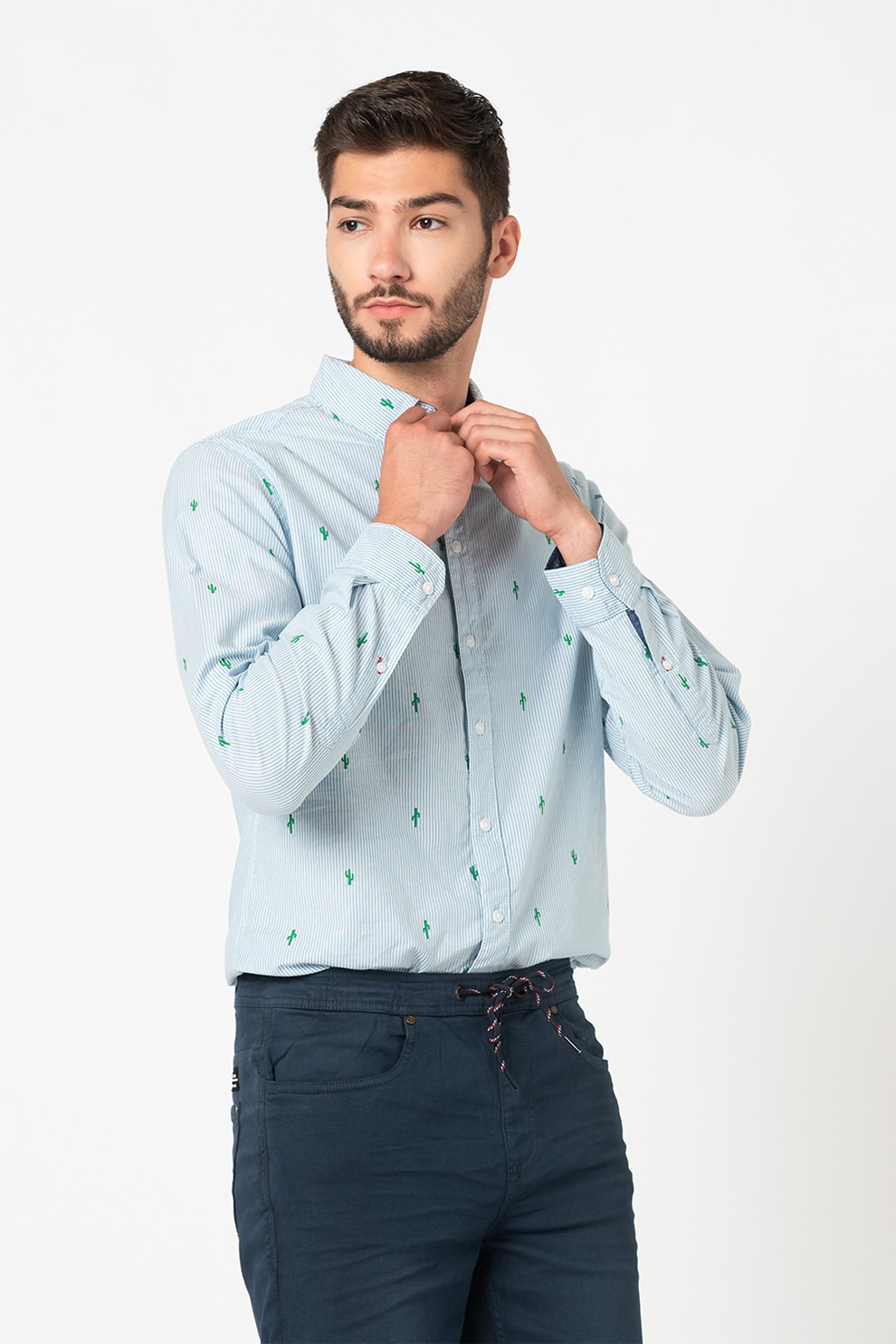 BLEND, Camasa de bumbac cu imprimeu, Albastru/Verde/Alb, L