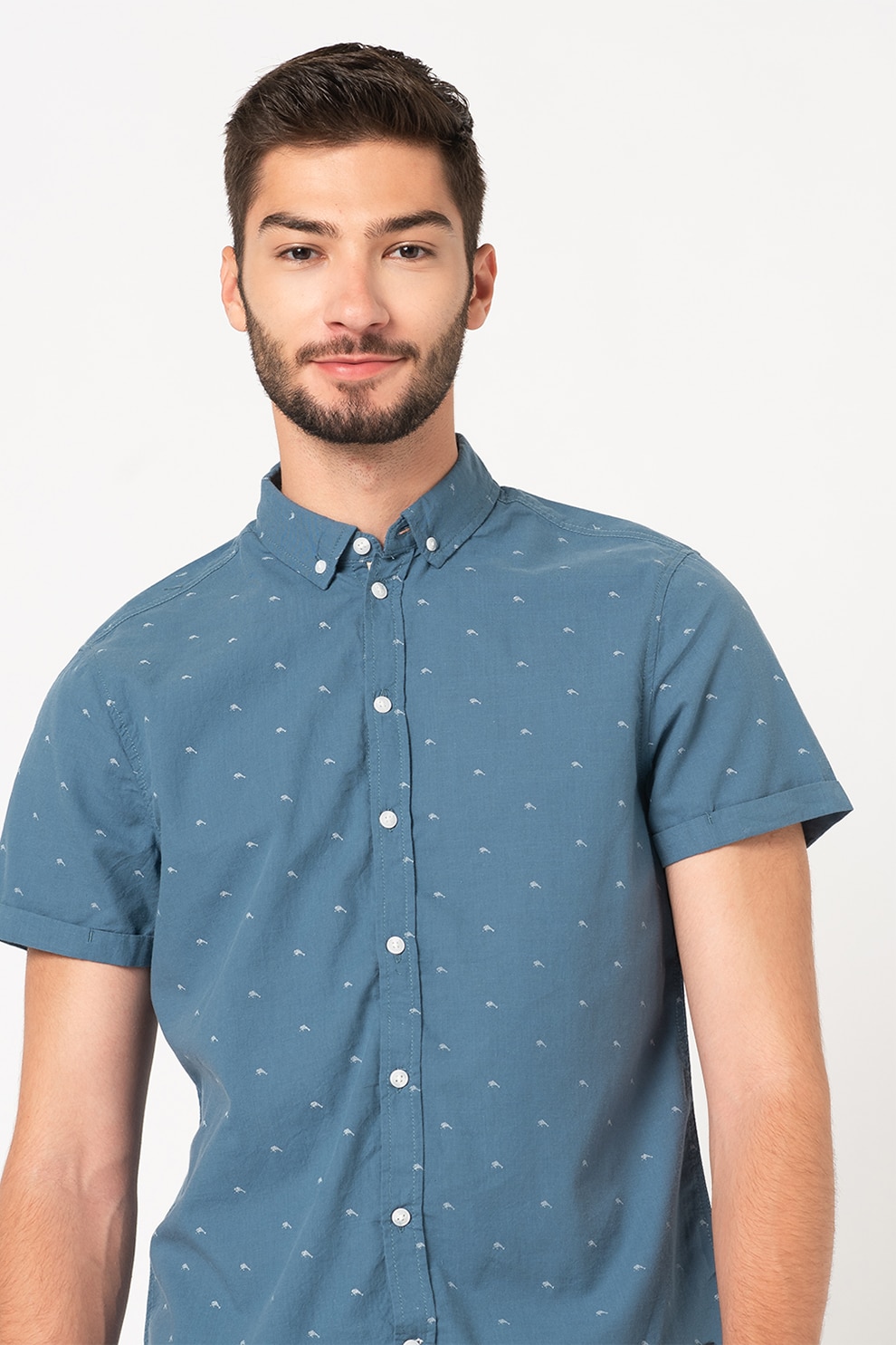 BLEND, Camasa cu maneci scurte si guler fixat cu nasturi, Albastru petrol/Alb, L