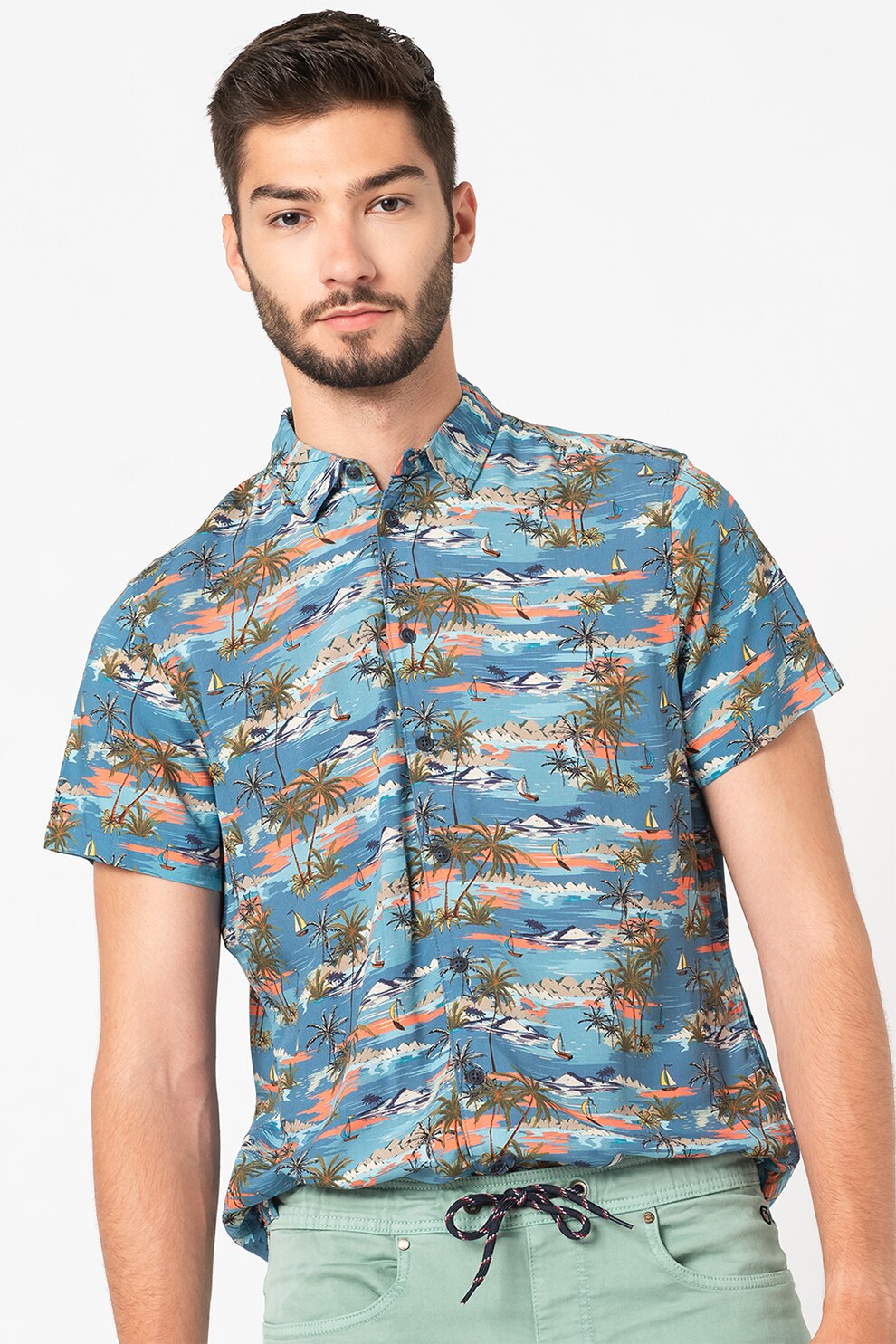 BLEND, Camasa cu maneci scurte si imprimeu, Albastru/Verde/Oranj, 2XL