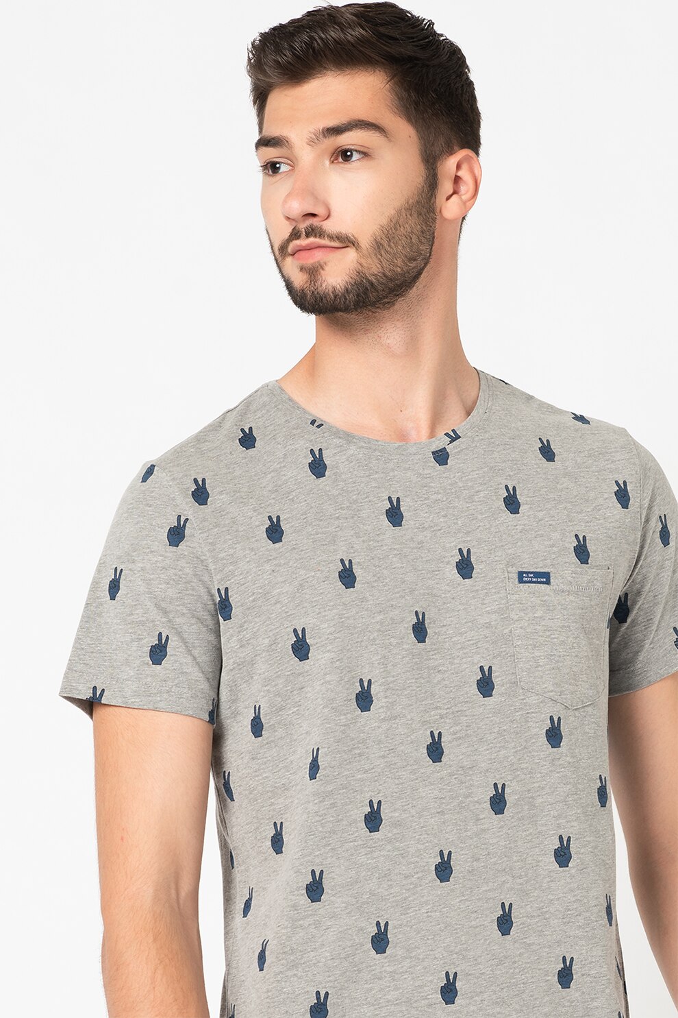BLEND, Tricou cu imprimeu si buzunar pe piept, Gri melange/Bleumarin
