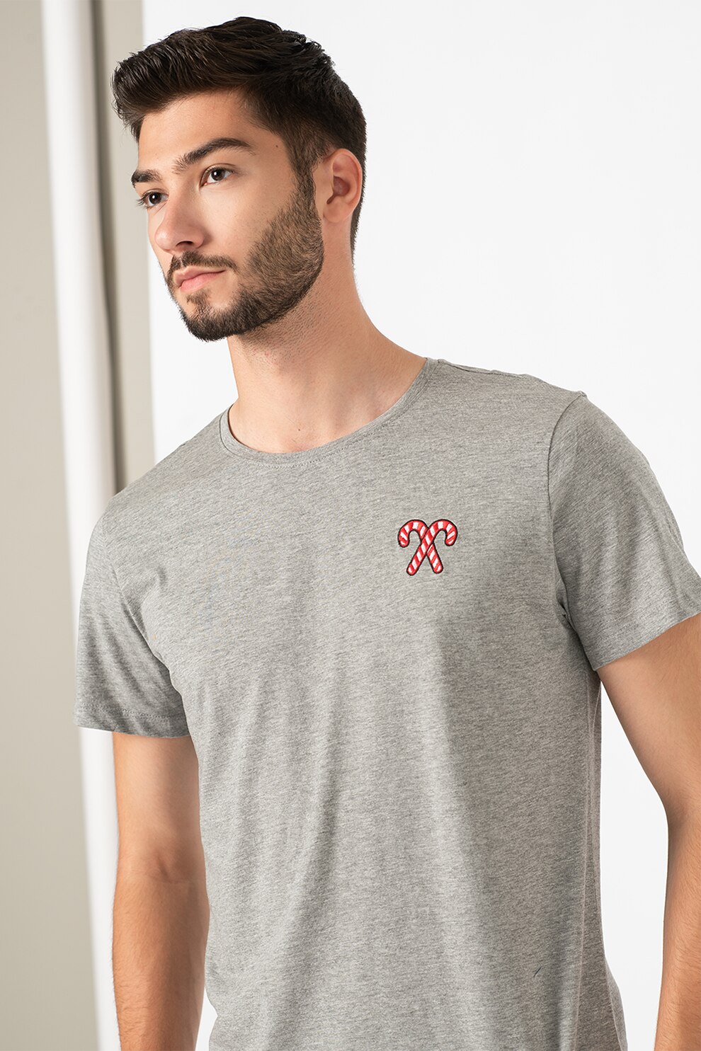 BLEND, Tricou de bumbac cu detaliu brodat pe piept, Gri melange, XL