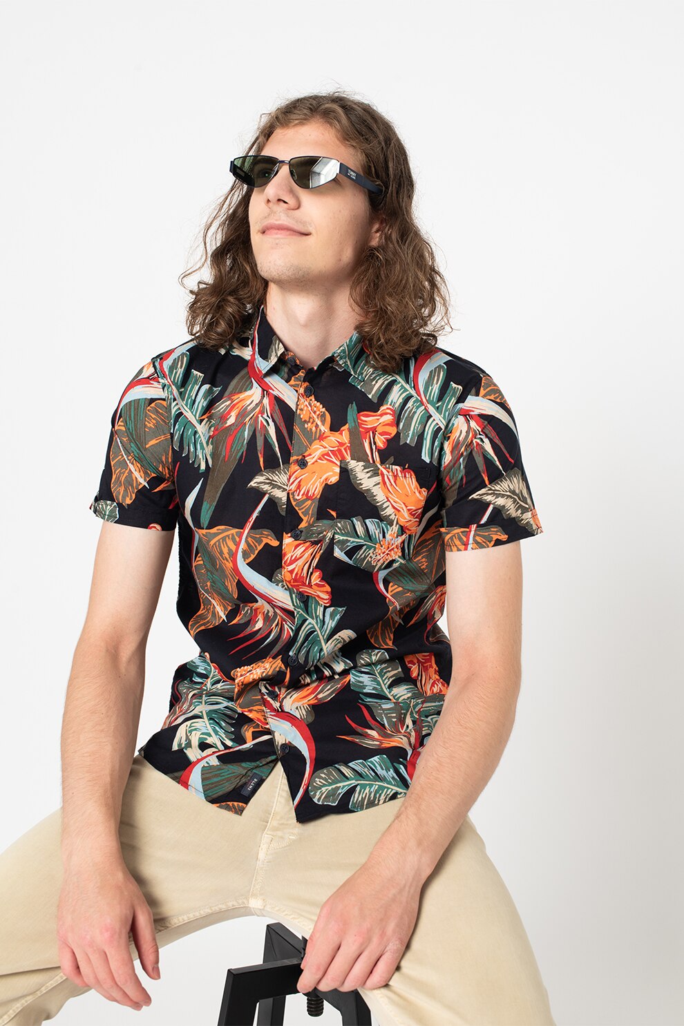 BLEND, Camasa cu maneci scurte si imprimeu tropical, Negru/verde sparanghel/oranj, S