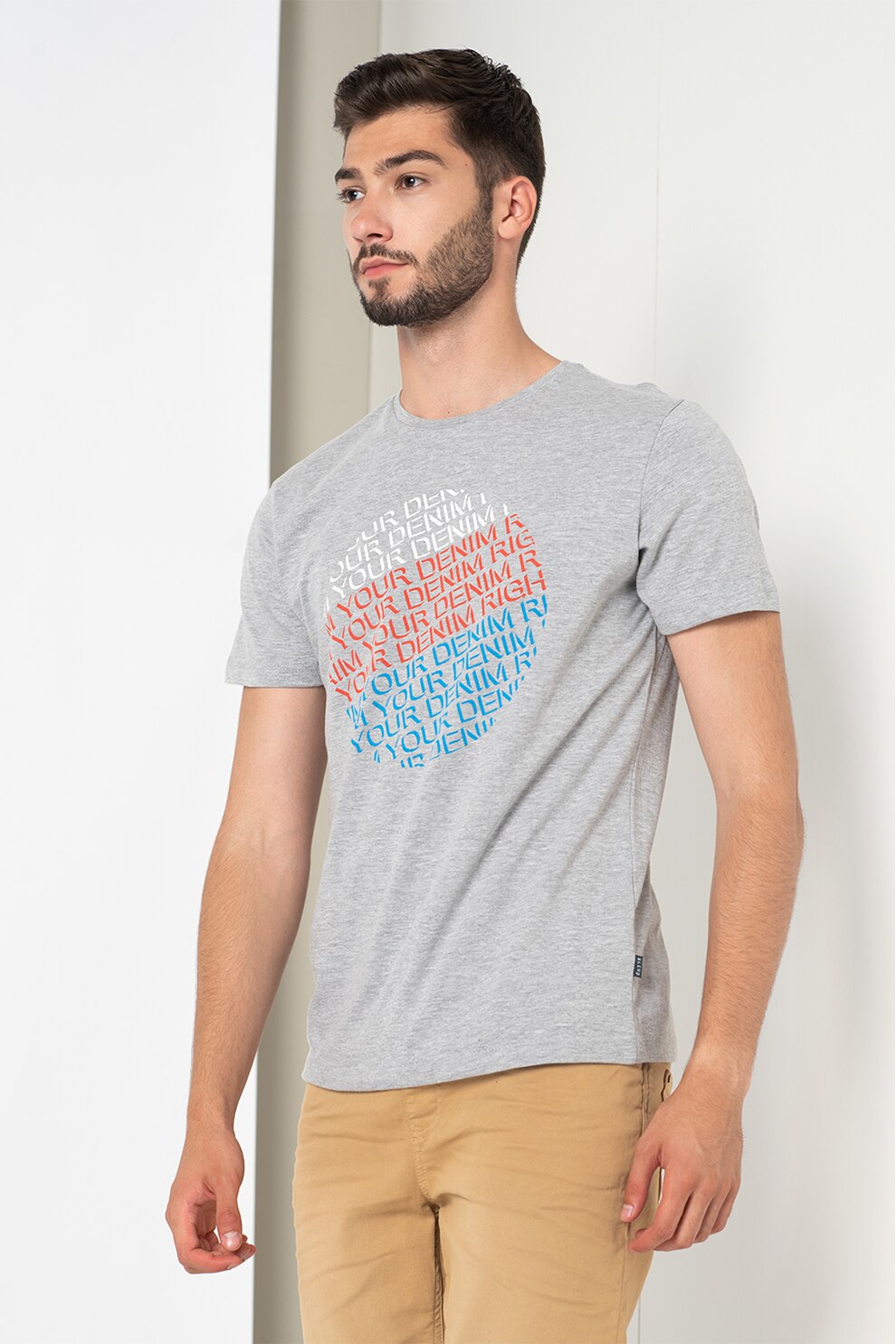 BLEND, Tricou de bumbac cu imprimeu, Gri melange/Albastru/Rosu