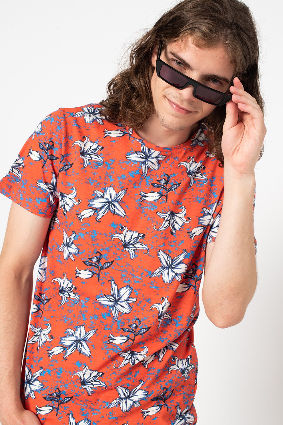BLEND, Tricou cu decolteu rotund si imprimeu tropical, Rosu/Albastru/Alb
