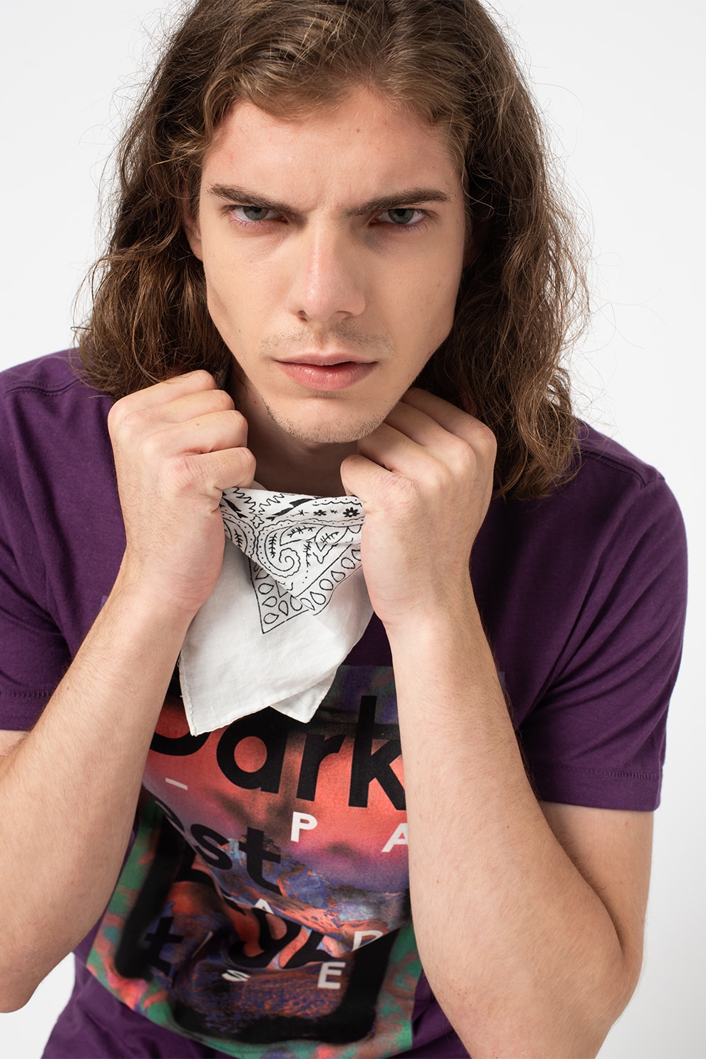 BLEND, Tricou cu decolteu rotund si imprimeu grafic, Violet