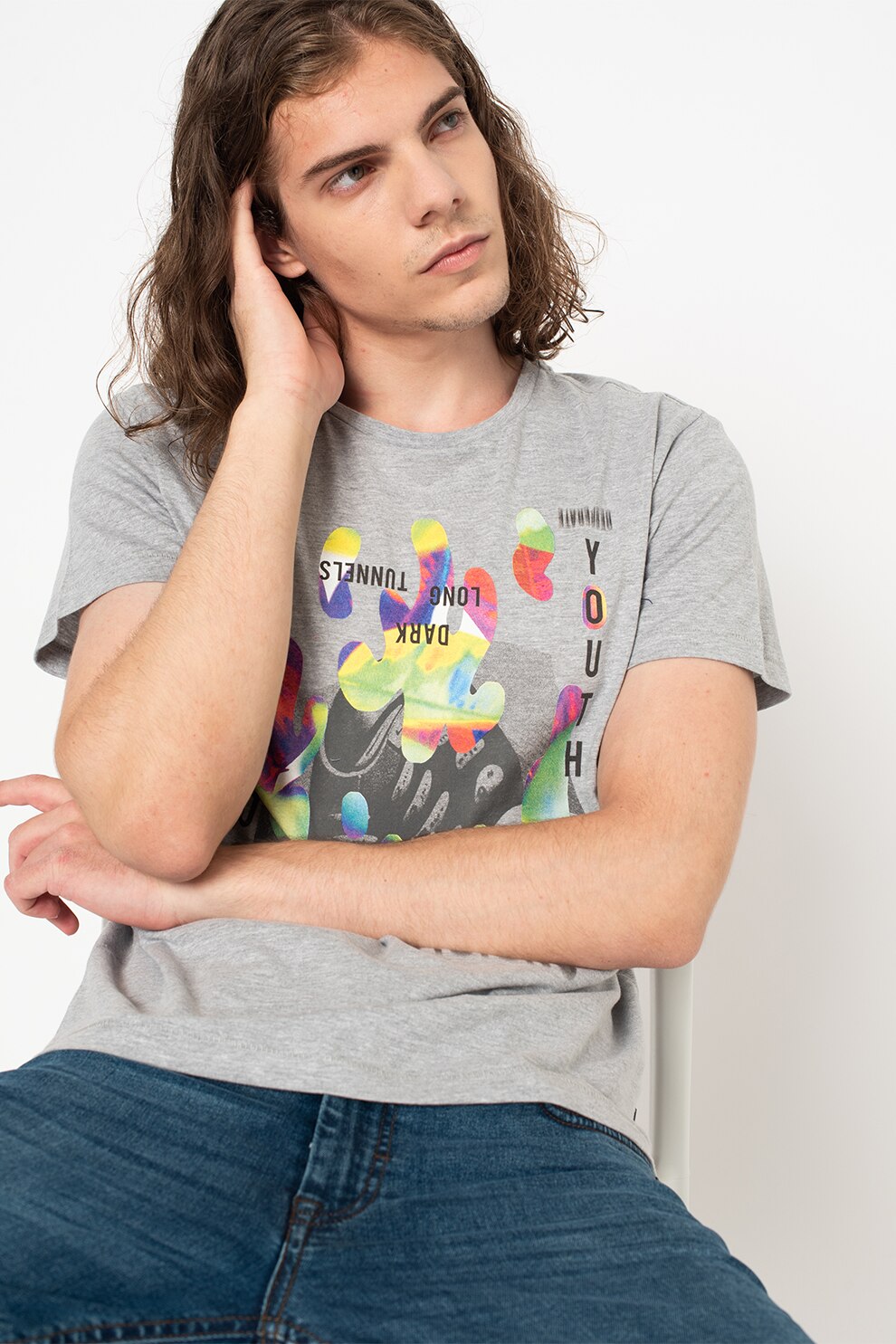 BLEND, Tricou cu decolteu rotund si imprimeu grafic, Gri deschis melange/Verde