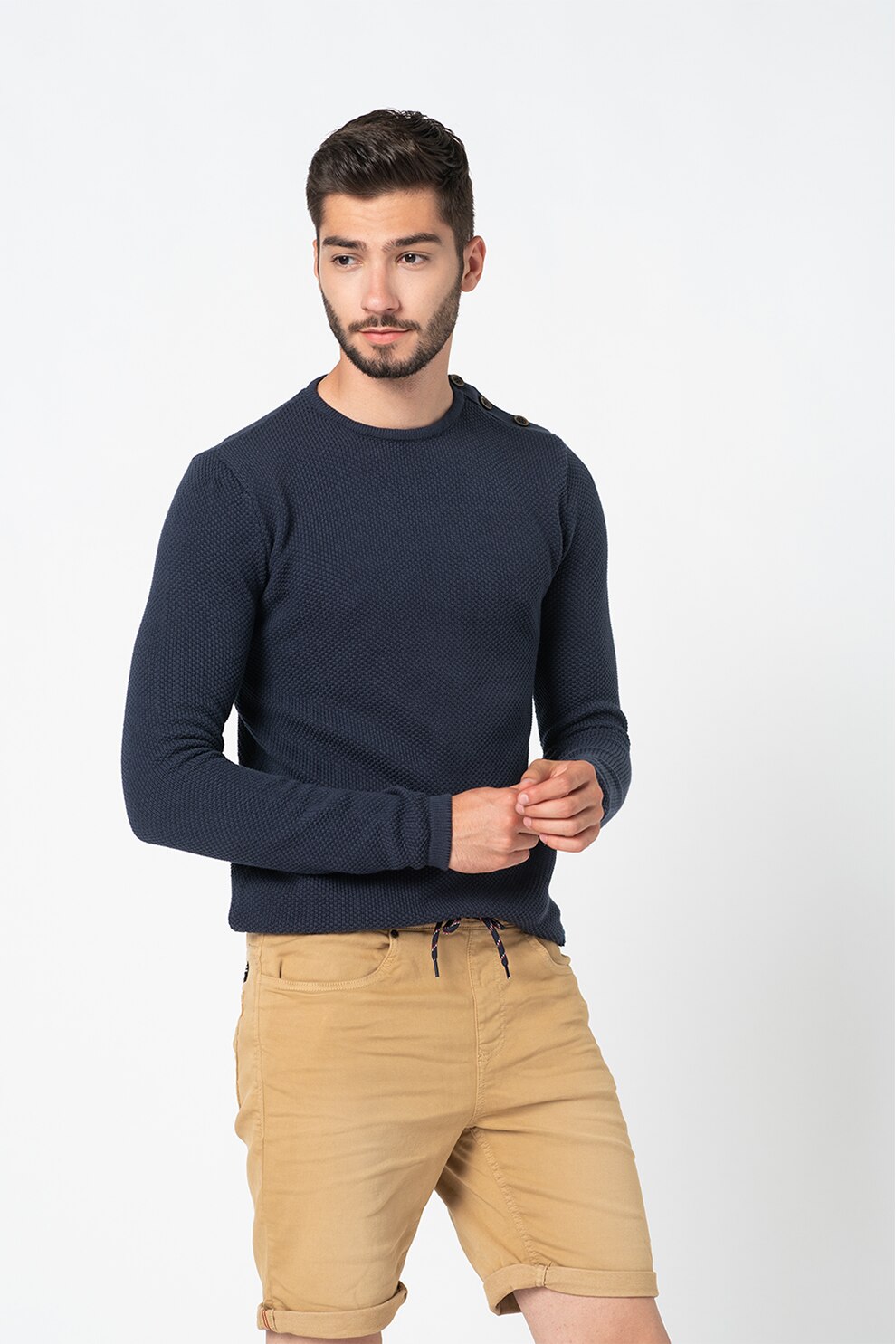 BLEND, Pulover cu decolteu la baza gatului Naga, Bleumarin