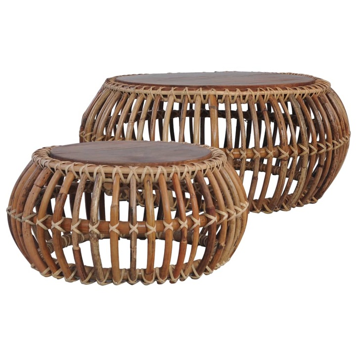 Комплект от 2 холни маси, Zakito Europe, естествен ратан/дърво, 70x30см/50x24см