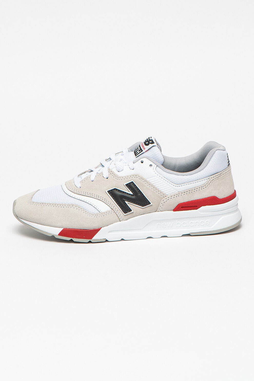 New Balance, Pantofi sport de piele intoarsa cu insertii de plasa 997, Alb/Rosu