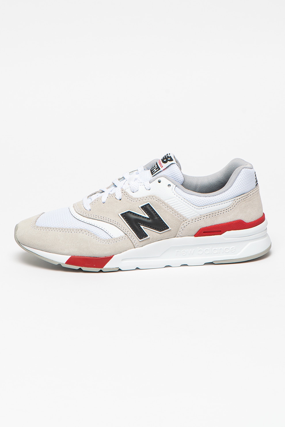 New Balance, Pantofi sport de piele intoarsa cu insertii de plasa 997, Alb/Rosu
