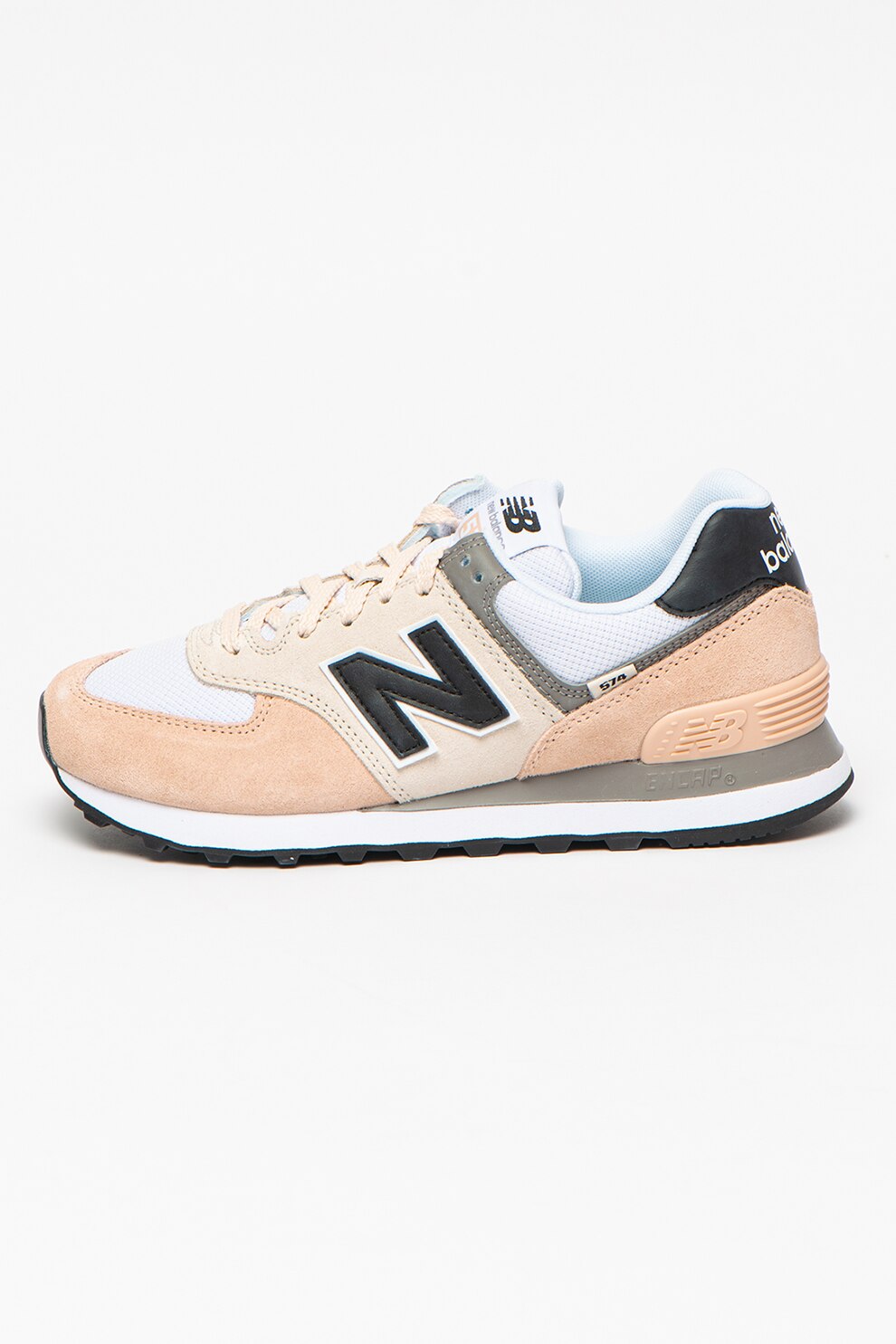 New Balance, Pantofi sport cu garnituri de piele intoarsa 574, Roz piersica/Alb