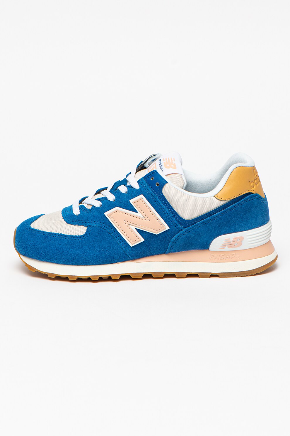 New Balance, Pantofi sport cu garnituri de piele intoarsa 574, Albastru/Roz