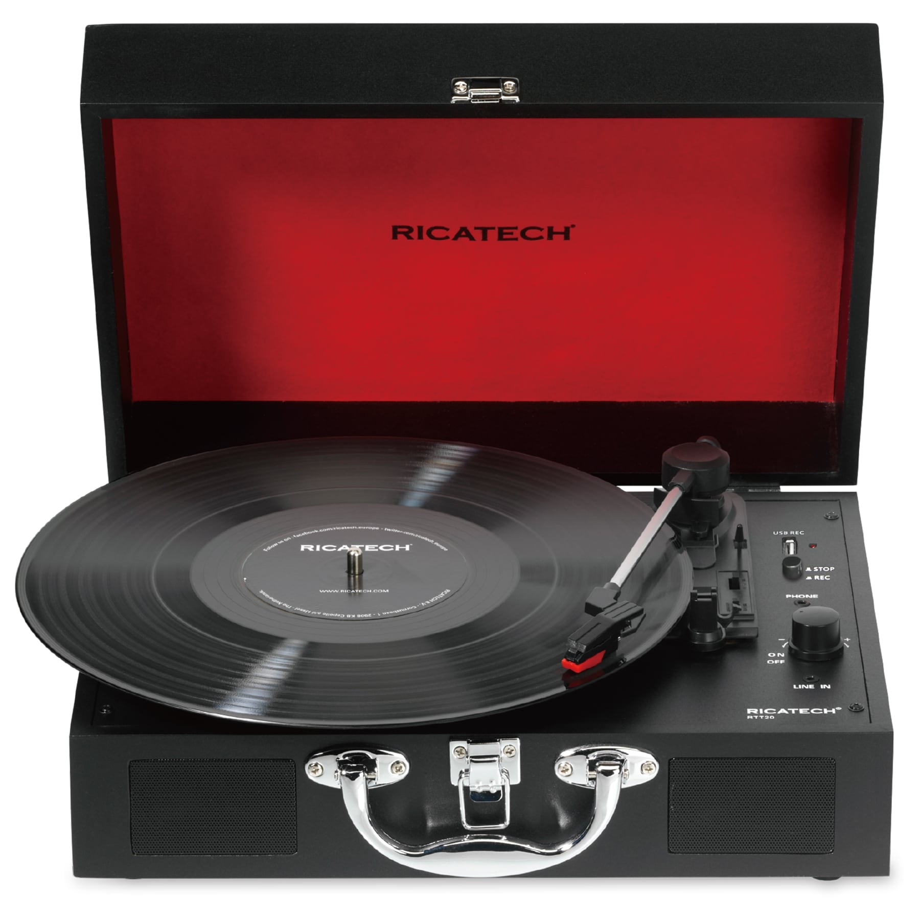 Pick-Up Portabil Ricatech RTT25 Executive, Tip valiza, Bluetooth, Boxe incorporate, Auto Stop, AUX, USB, Iesire Casti, Negru