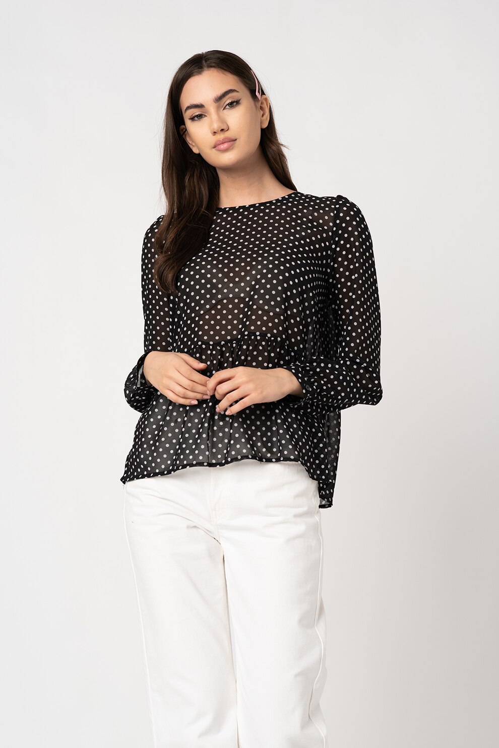 ICHI, Bluza cu maneci lungi Lissa, Negru/Alb, S