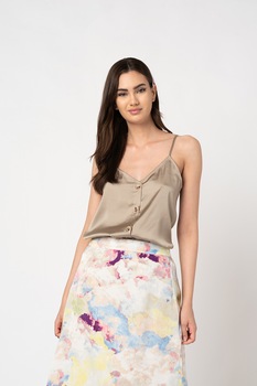 ICHI, Top satin cu nasturi Genia, Kaki ICHI, Top satin cu nasturi Genia, Kaki