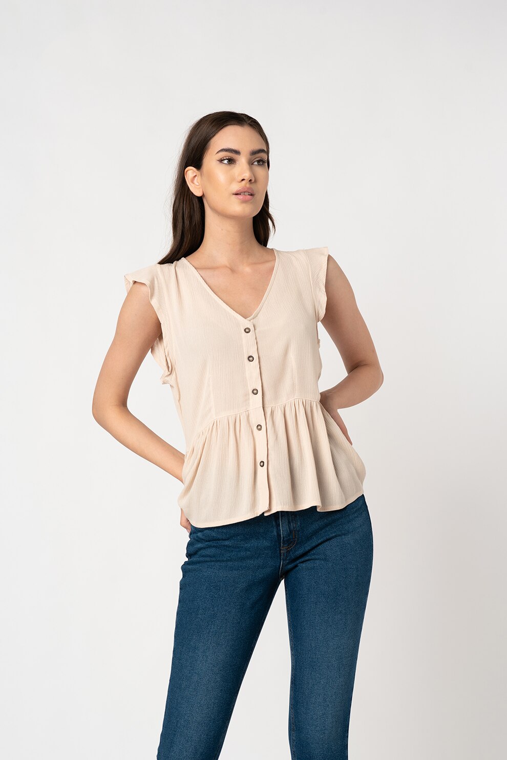 ICHI, Bluza cu decolteu in V si maneci cu volane Marro, Bej deschis