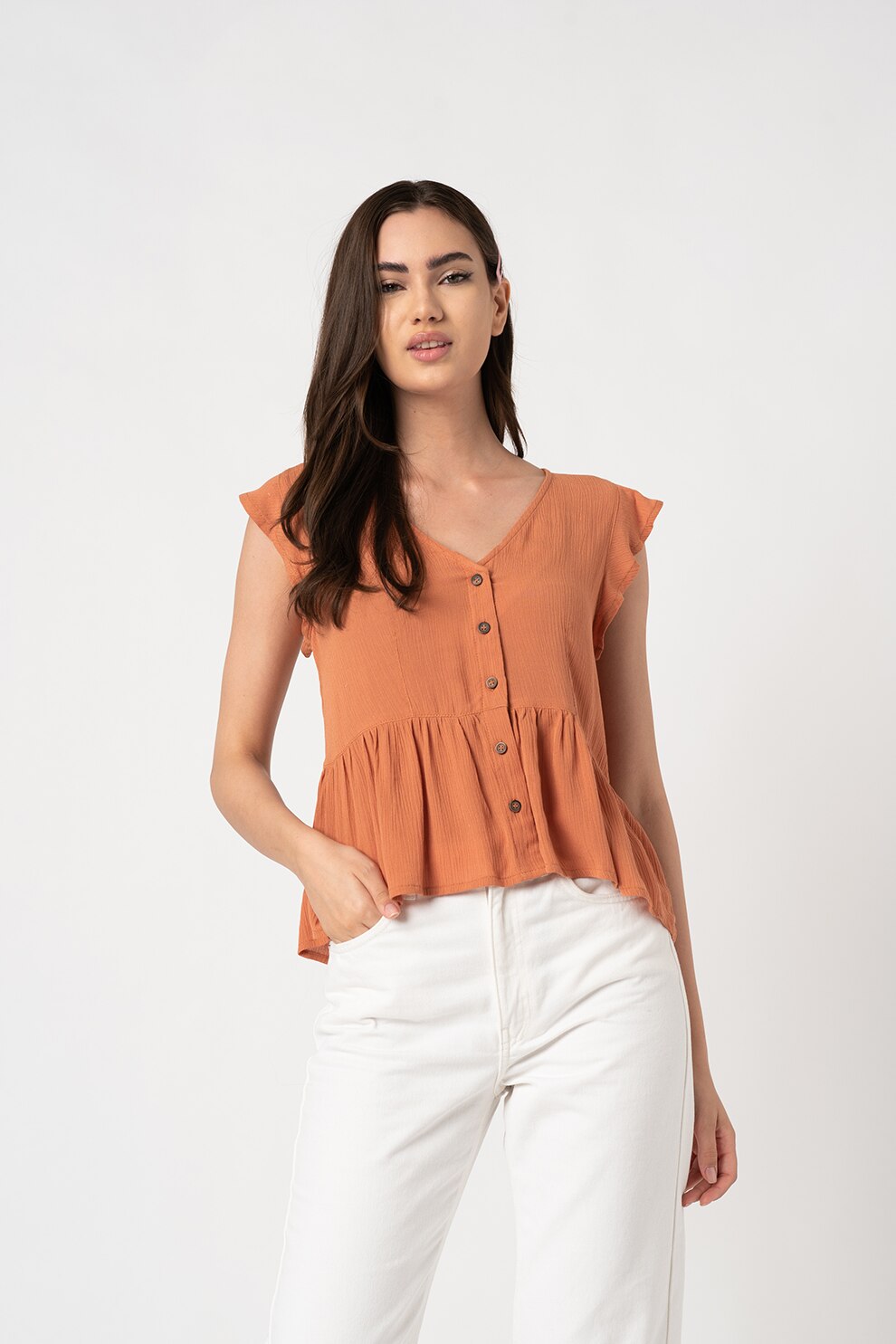 ICHI, Bluza cu decolteu in V si maneci cu volane Marro, Oranj stins