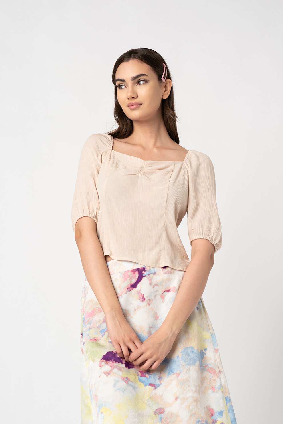 ICHI, Bluza cu decolteu drept Marro, Bej deschis