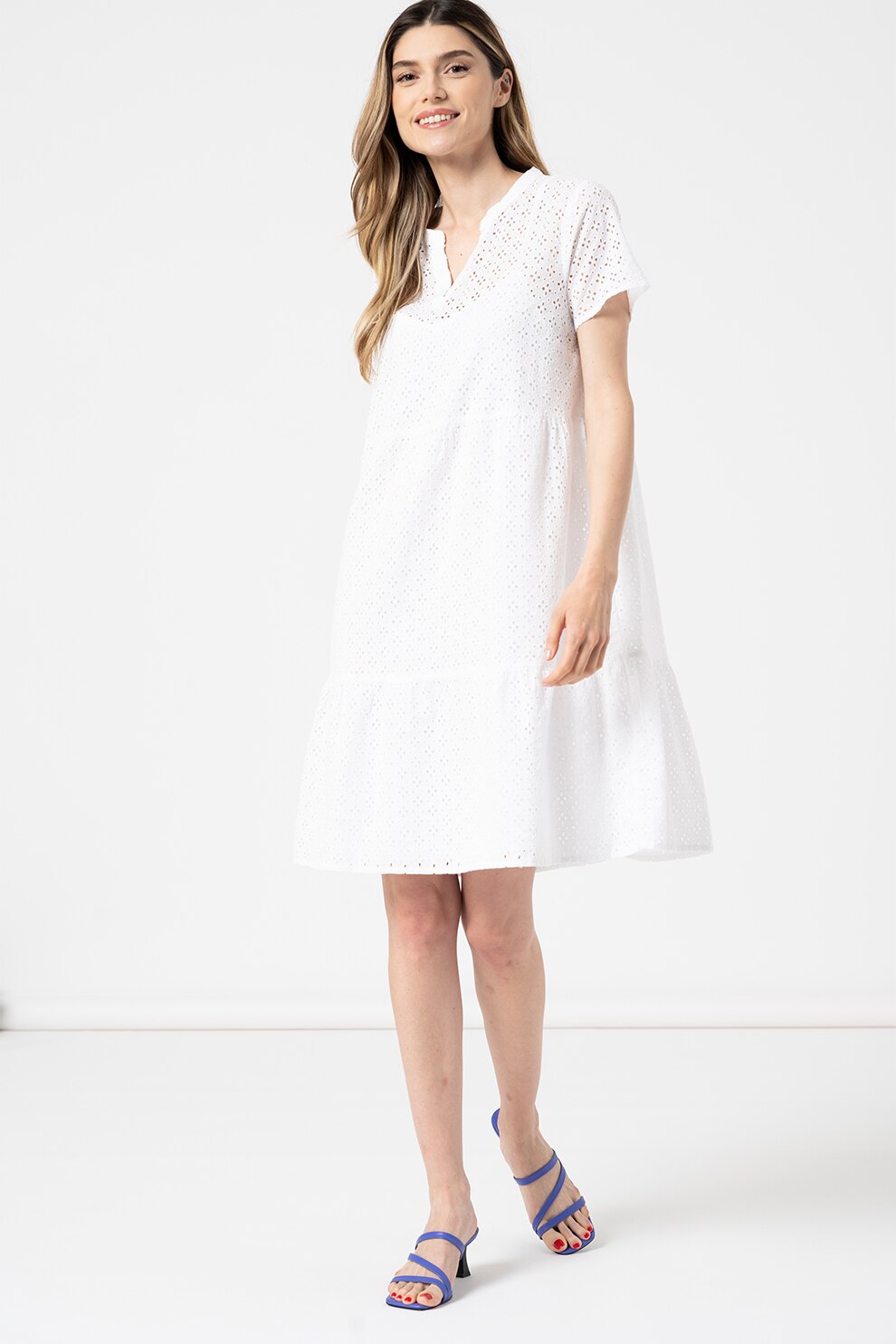 ICHI, Rochie evazata de dantela sangallo Maribel, Alb optic