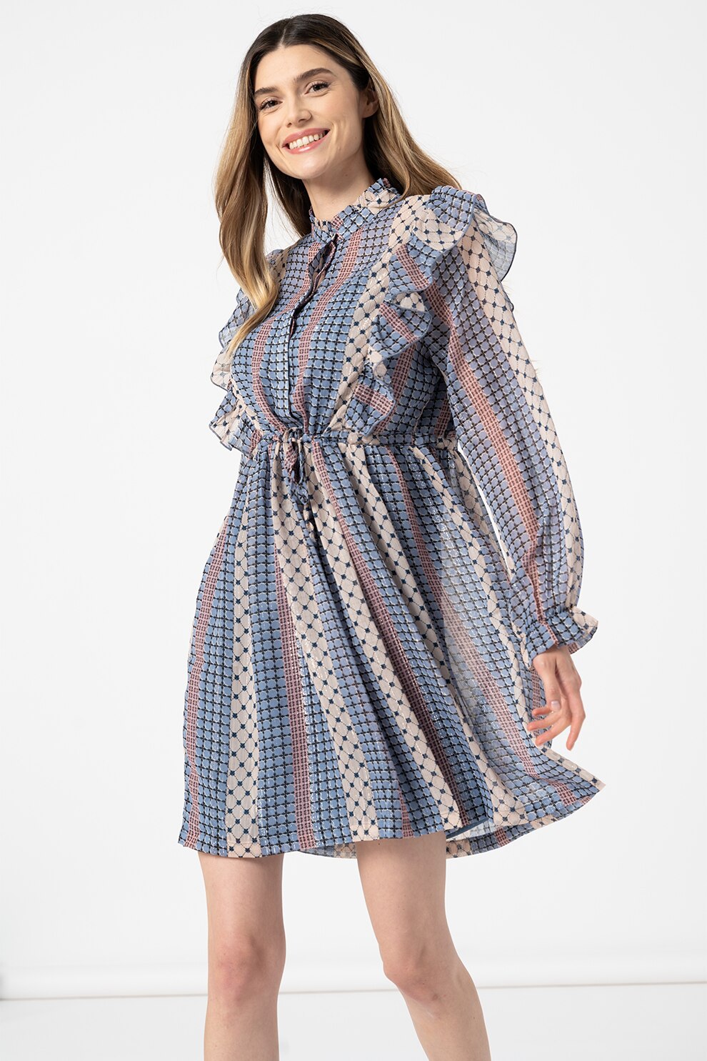 ICHI, Rochie evazata cu volane Ina, Albastru/Roz/Maro taupe, L