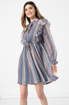 ICHI, Rochie evazata cu volane Ina, Albastru/Roz/Maro taupe, L ICHI, Rochie evazata cu volane Ina, Albastru/Roz/Maro taupe, L