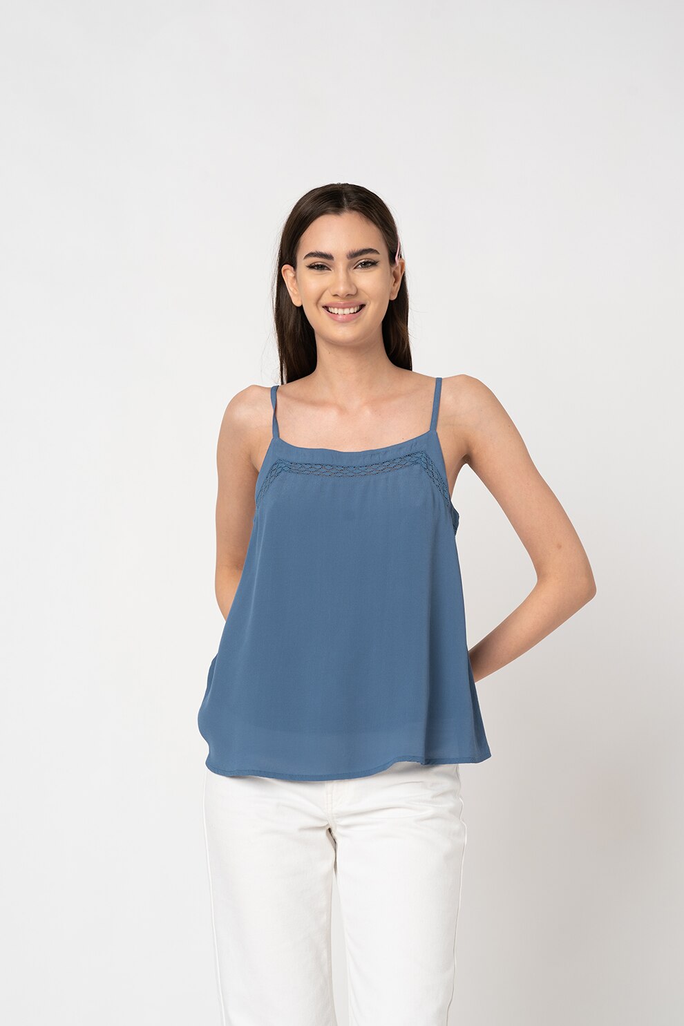 ICHI, Top cu insertii crosetate de dantela Citro, Albastru inchis