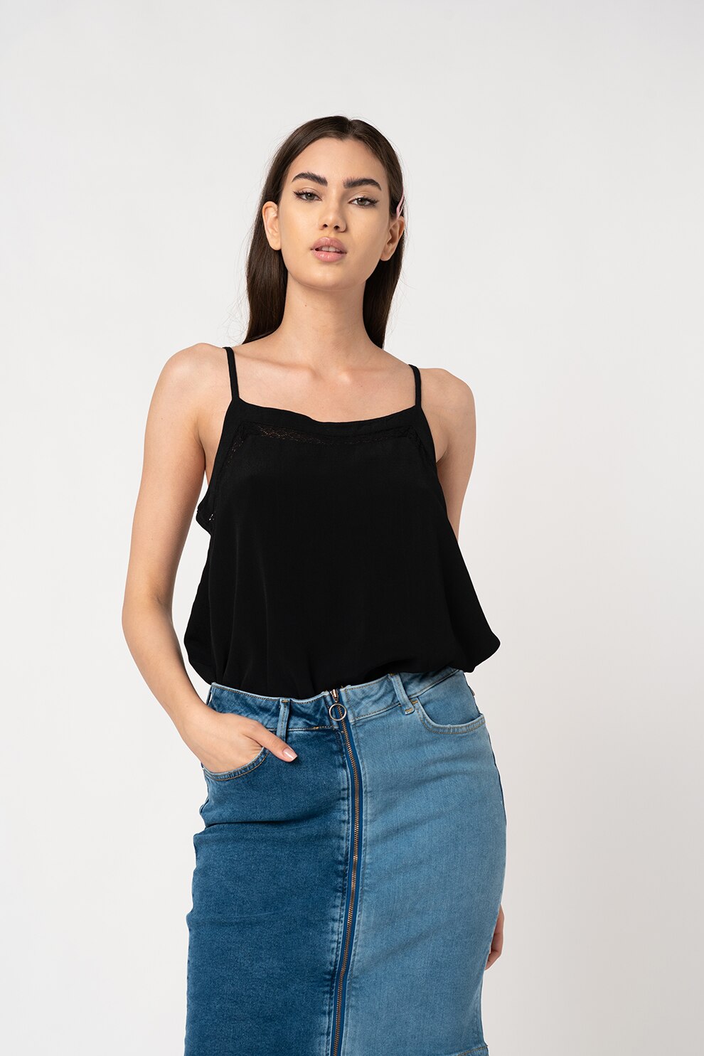 ICHI, Top cu insertii crosetate de dantela Citro, Negru