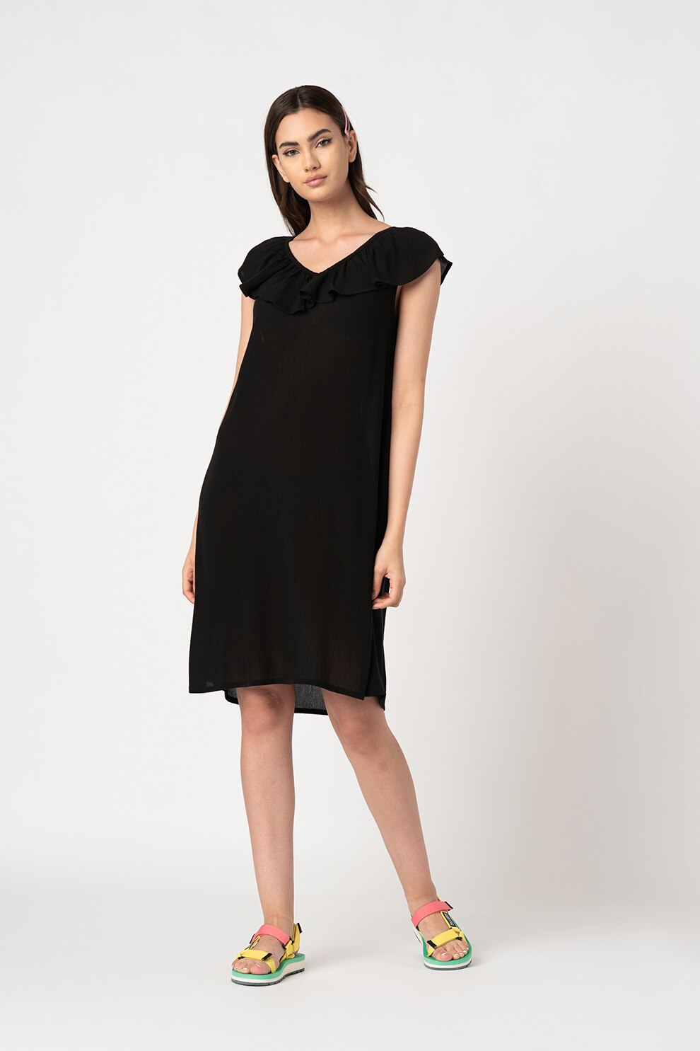 ICHI, Rochie midi cu decolteu en-coeur Marrakech, Negru