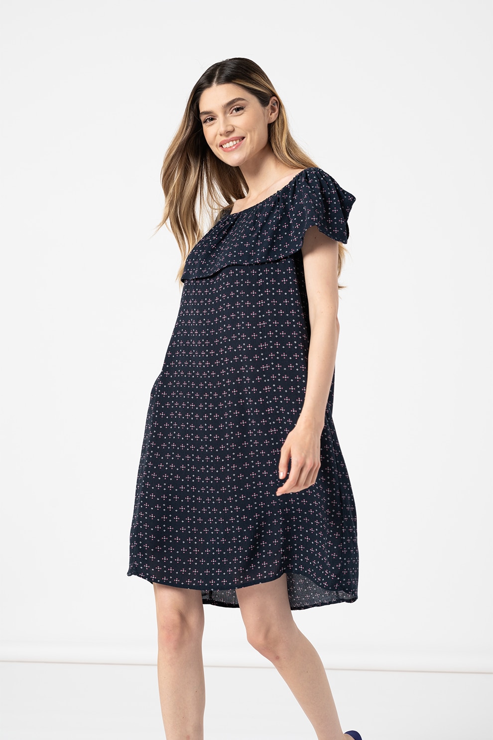 ICHI, Rochie cu decolteu pe umeri Marrakech, Bleumarin inchis/Roz/Alb, XS
