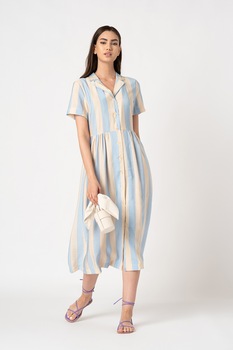 ICHI, Rochie midi in dungi Tiffany, Crem/Albastru lavanda, XS ICHI, Rochie midi in dungi Tiffany, Crem/Albastru lavanda, XS