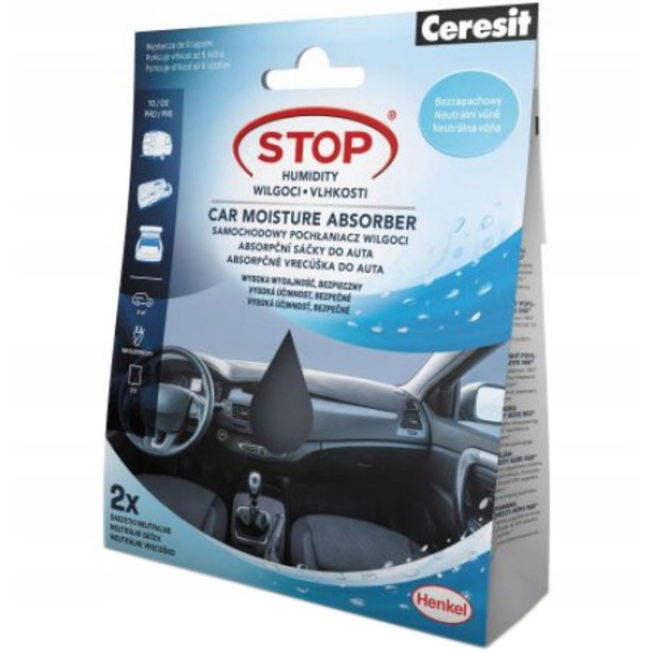 Set 2 rezerve Ceresit STOP Umiditate, 2x50 g, absorbant umiditate pentru cabina auto și portbagaj, eficiență ridicată, durează până la 6 săptămâni
