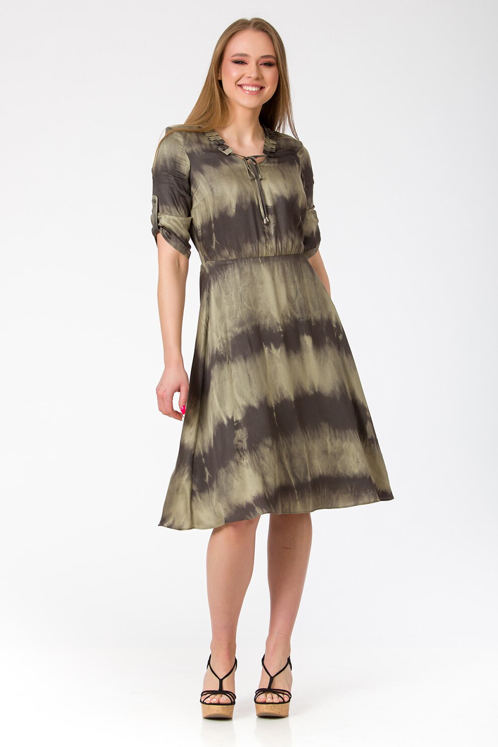 Sense, Rochie cu model tie-dye si pliuri, Kaki