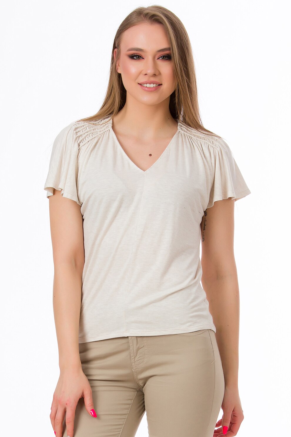 Sense, Tricou cu decolteu in V, Bej