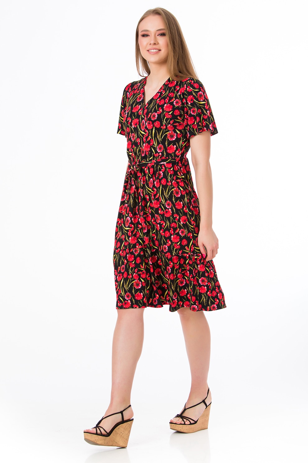 Sense, Rochie de jerseu cu imprimeu floral, Negru/Rosu