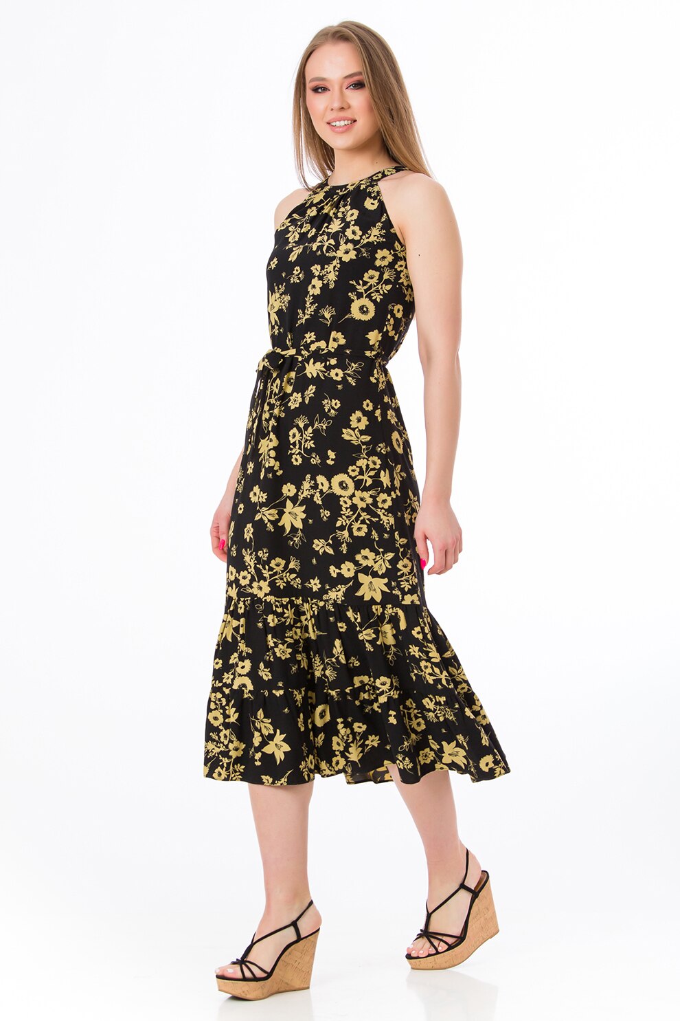 Sense, Rochie cu imprimeu floral si model halter, Negru/Galben