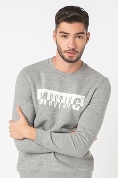 Mustang, Bluza sport cu imprimeu logo si decolteu la baza gatului Ben, Gri melange/Alb, 2XL Mustang, Bluza sport cu imprimeu logo si decolteu la baza gatului Ben, Gri melange/Alb, 2XL